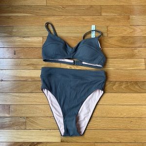 Madewell Second Wave Ribbed Retro Seamed Bikini NWT size S, coastal granite